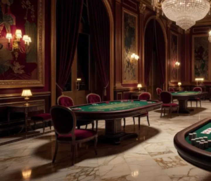 Elegantně nasvícený sál proměněný v luxusní casino lounge.